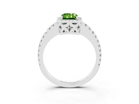 White gold Emerald Cut Peridot Halo Engagement Ring with Pavé Band and Prong Setting_15