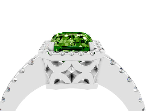 White gold Emerald Cut Peridot Halo Engagement Ring with Pavé Band and Prong Setting_16