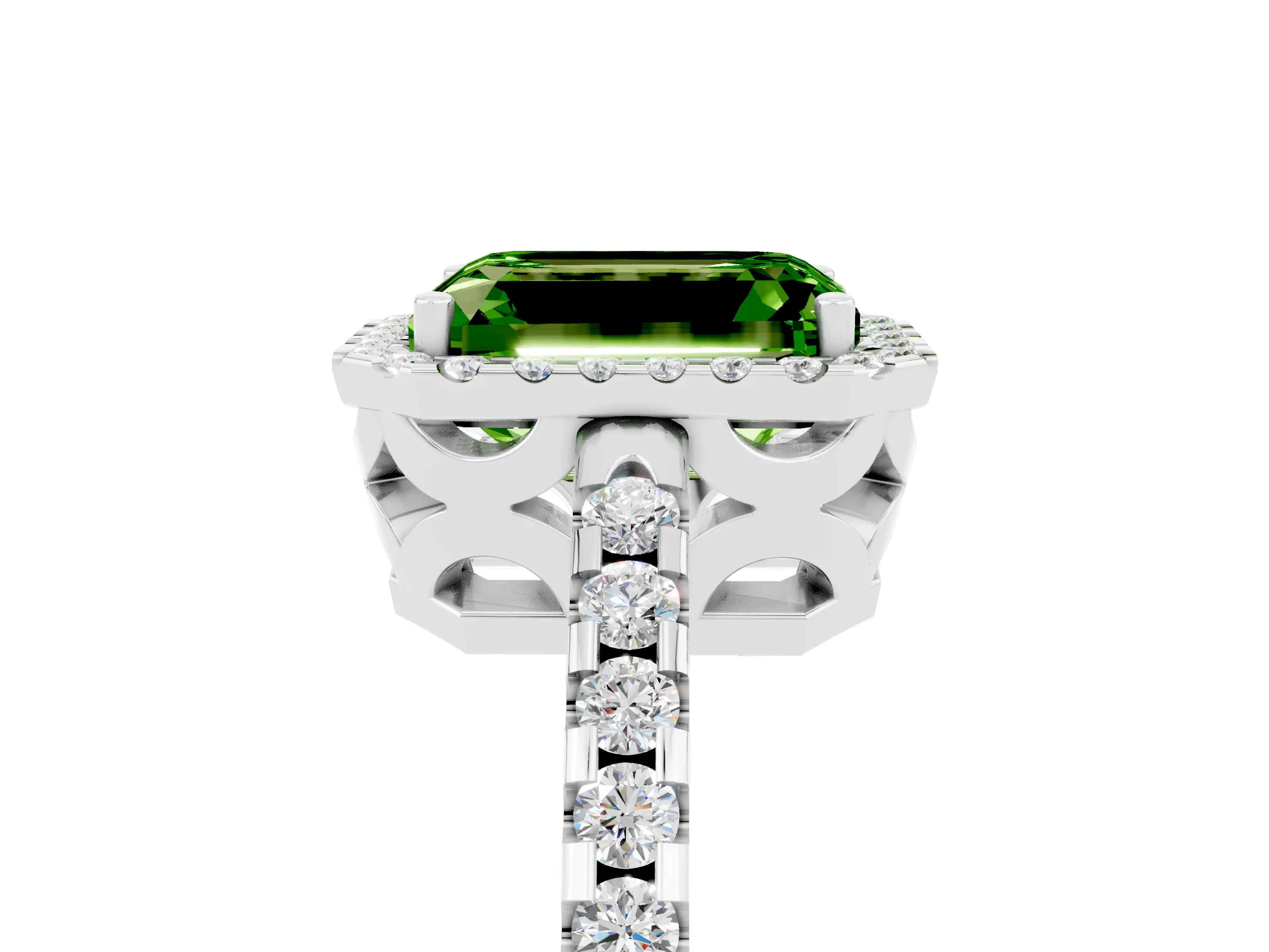 White gold Emerald Cut Peridot Halo Engagement Ring with Pavé Band and Prong Setting_17