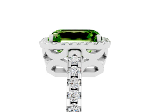 White gold Emerald Cut Peridot Halo Engagement Ring with Pavé Band and Prong Setting_17
