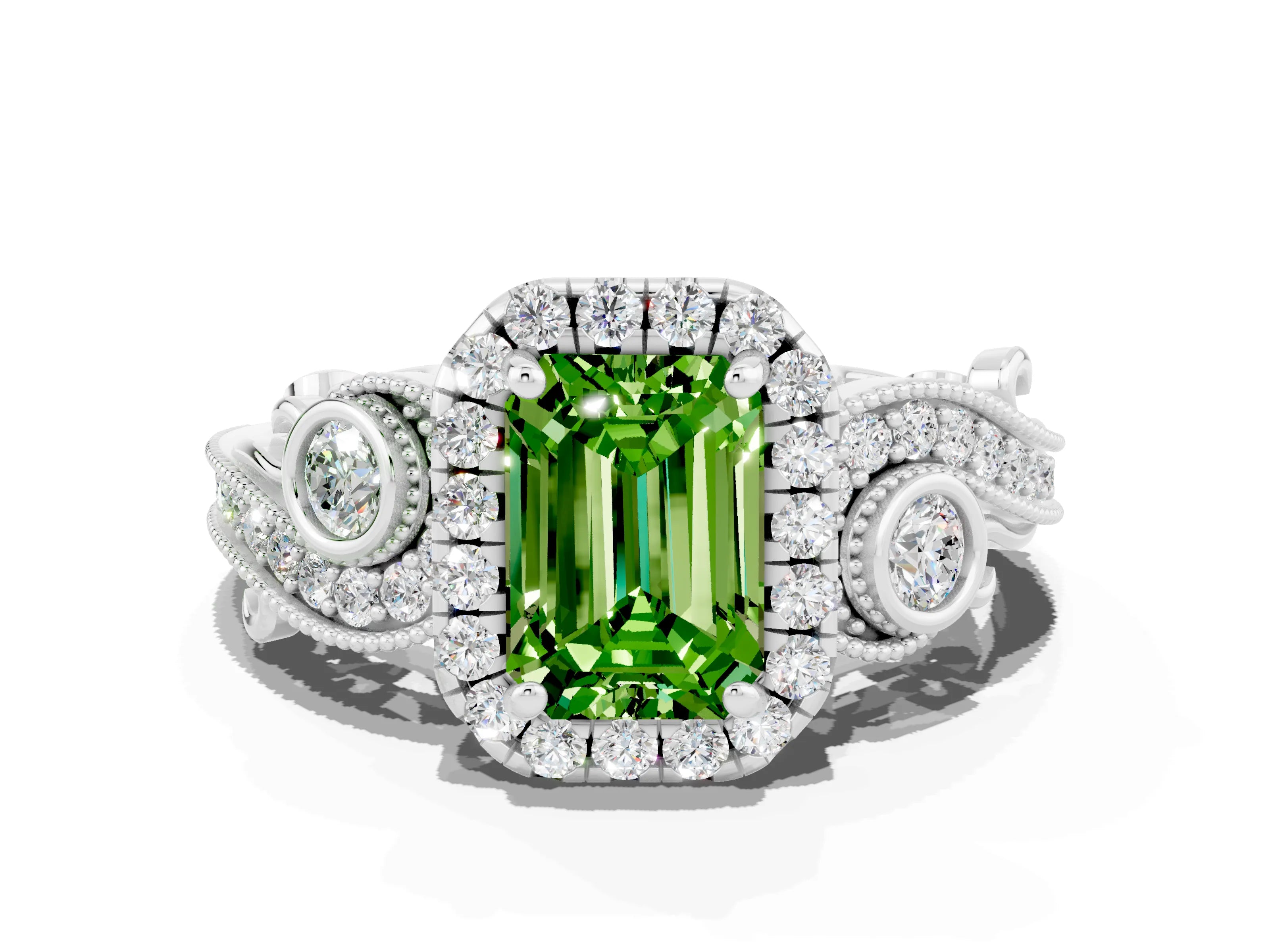 White gold Emerald Cut Peridot Halo Ring with Milgrain Pavé Band and Four-Prong Setting_12