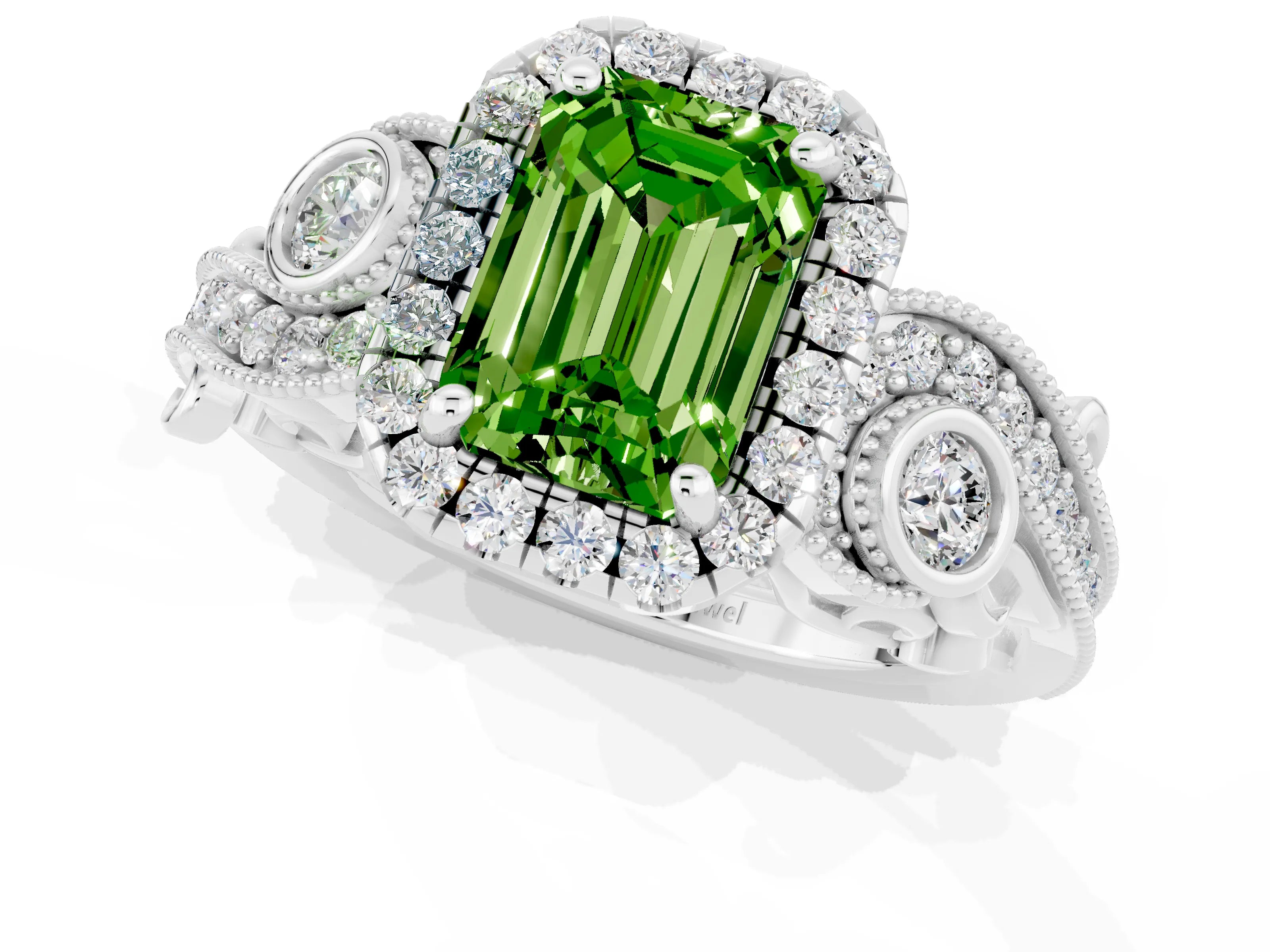 White gold Emerald Cut Peridot Halo Ring with Milgrain Pavé Band and Four-Prong Setting_13