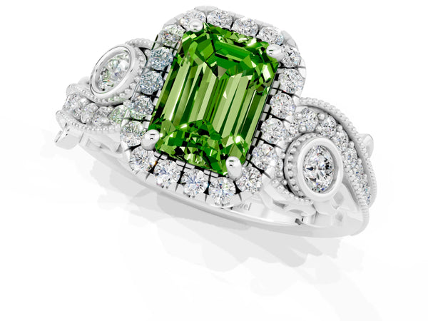Silver Emerald Cut Peridot Halo Ring with Milgrain Pavé Band and Four-Prong Setting