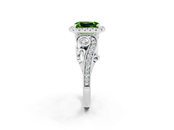 Platinum Emerald Cut Peridot Halo Ring with Milgrain Pavé Band and Four-Prong Setting