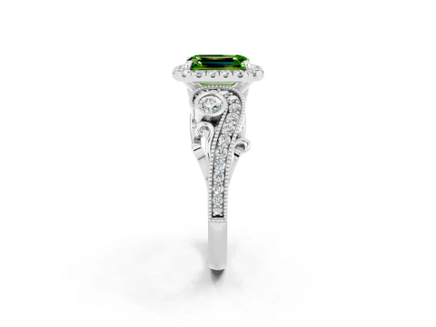 White gold Emerald Cut Peridot Halo Ring with Milgrain Pavé Band and Four-Prong Setting_14