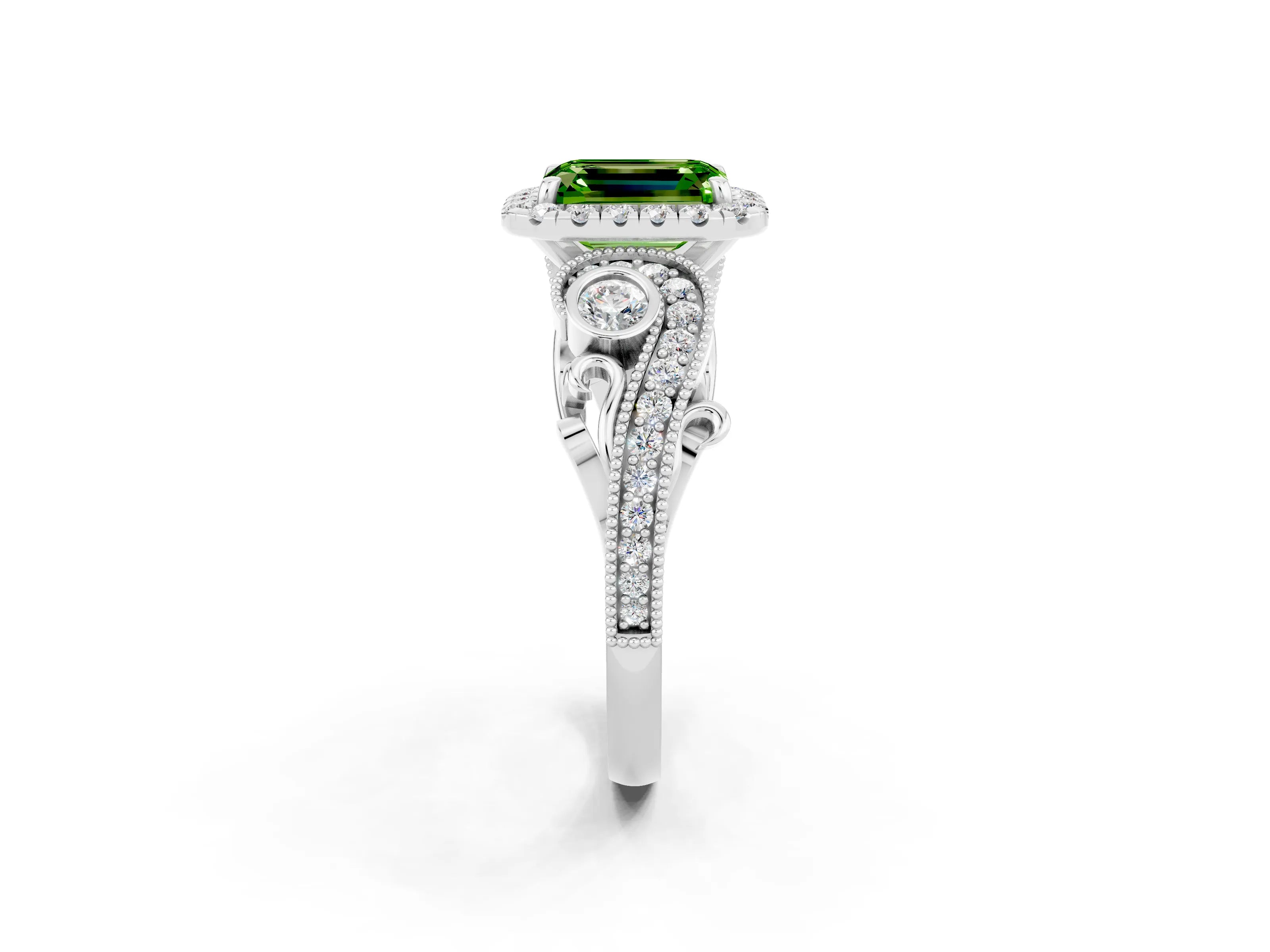 White gold Emerald Cut Peridot Halo Ring with Milgrain Pavé Band and Four-Prong Setting_14