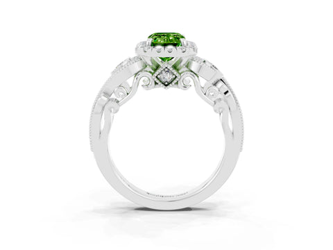 White gold Emerald Cut Peridot Halo Ring with Milgrain Pavé Band and Four-Prong Setting_15