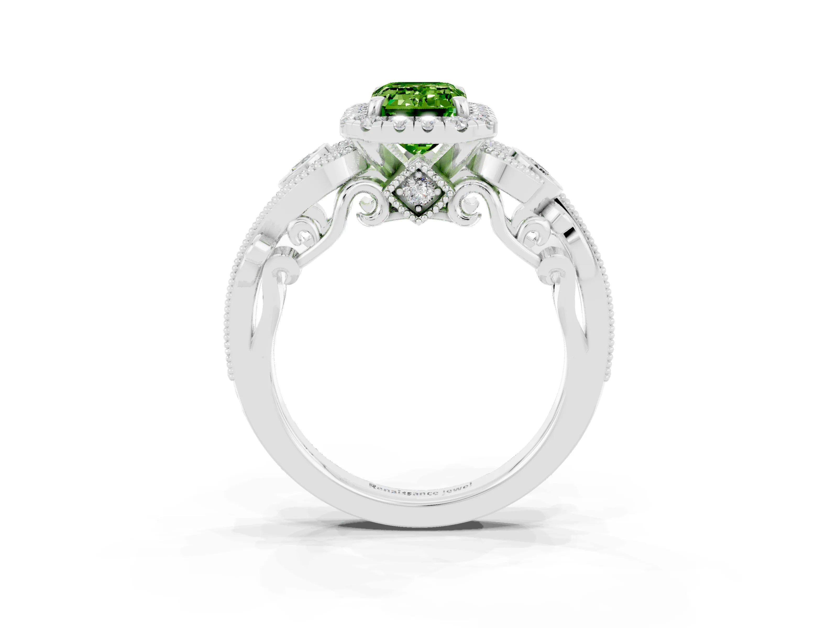 White gold Emerald Cut Peridot Halo Ring with Milgrain Pavé Band and Four-Prong Setting_15