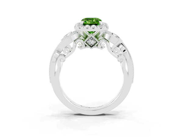 White gold Emerald Cut Peridot Halo Ring with Milgrain Pavé Band and Four-Prong Setting