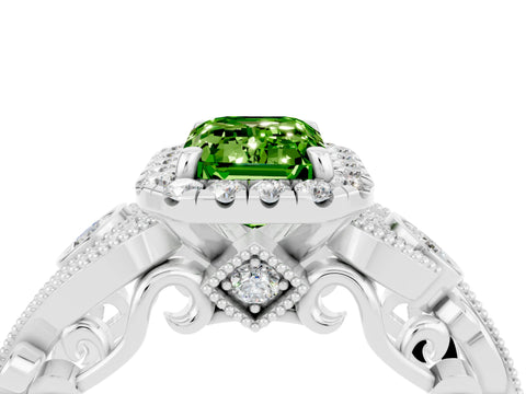 White gold Emerald Cut Peridot Halo Ring with Milgrain Pavé Band and Four-Prong Setting_16