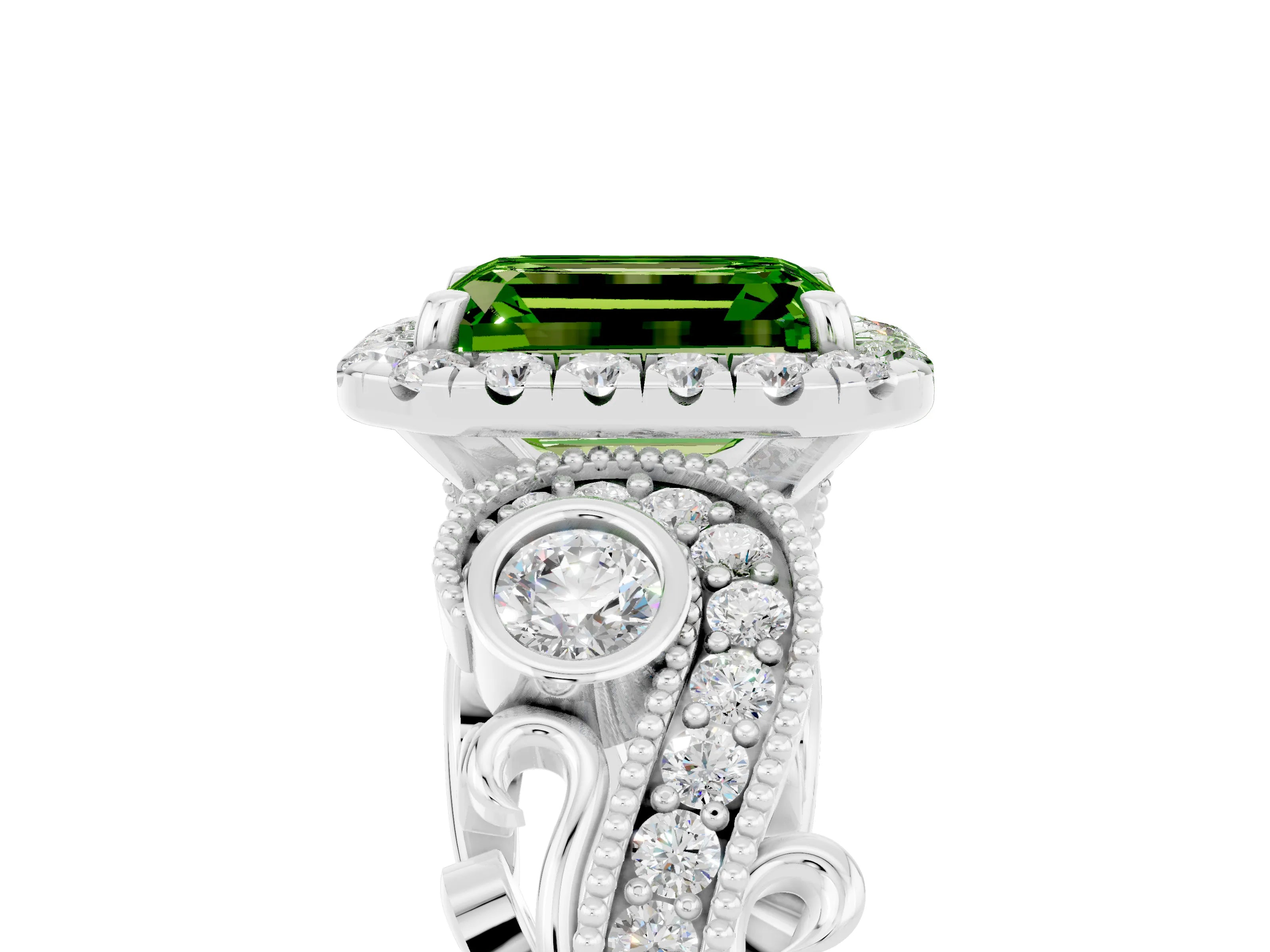 White gold Emerald Cut Peridot Halo Ring with Milgrain Pavé Band and Four-Prong Setting_17