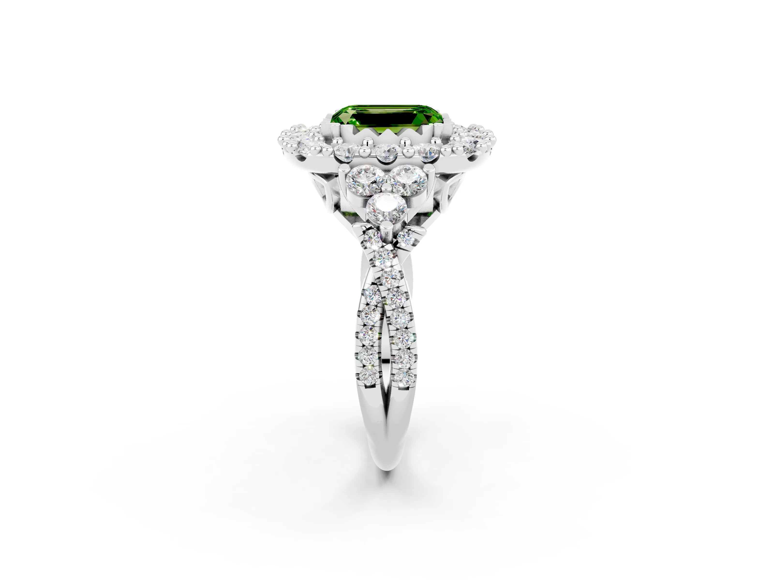White gold Emerald Cut Peridot Halo Ring with Pavé Band and Four-Prong Setting_14