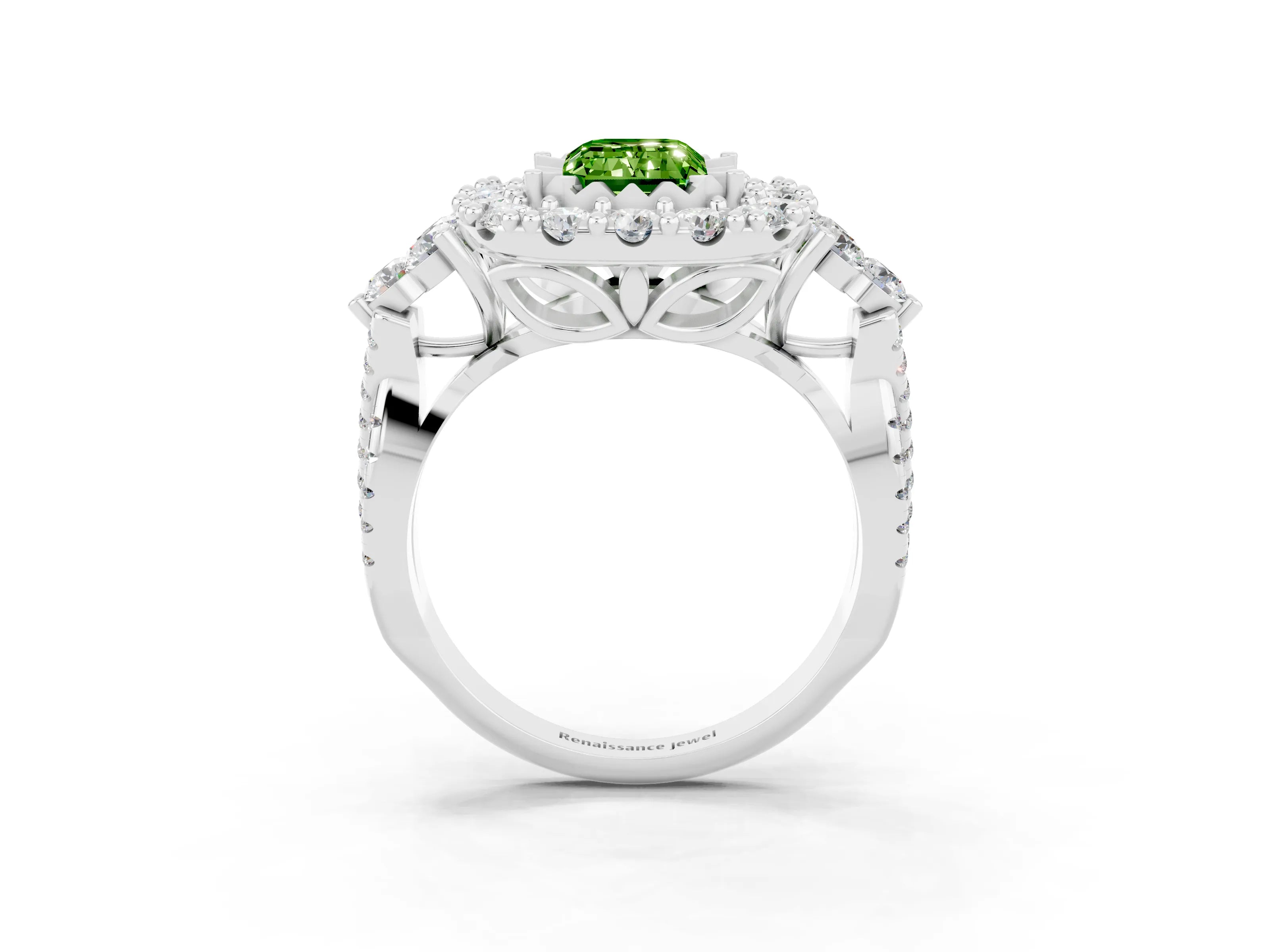 White gold Emerald Cut Peridot Halo Ring with Pavé Band and Four-Prong Setting_15