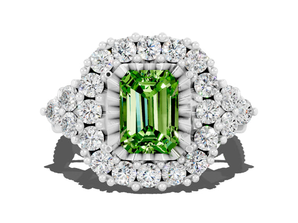 White gold Emerald Cut Peridot Halo Ring with Pavé Band and Four-Prong Setting