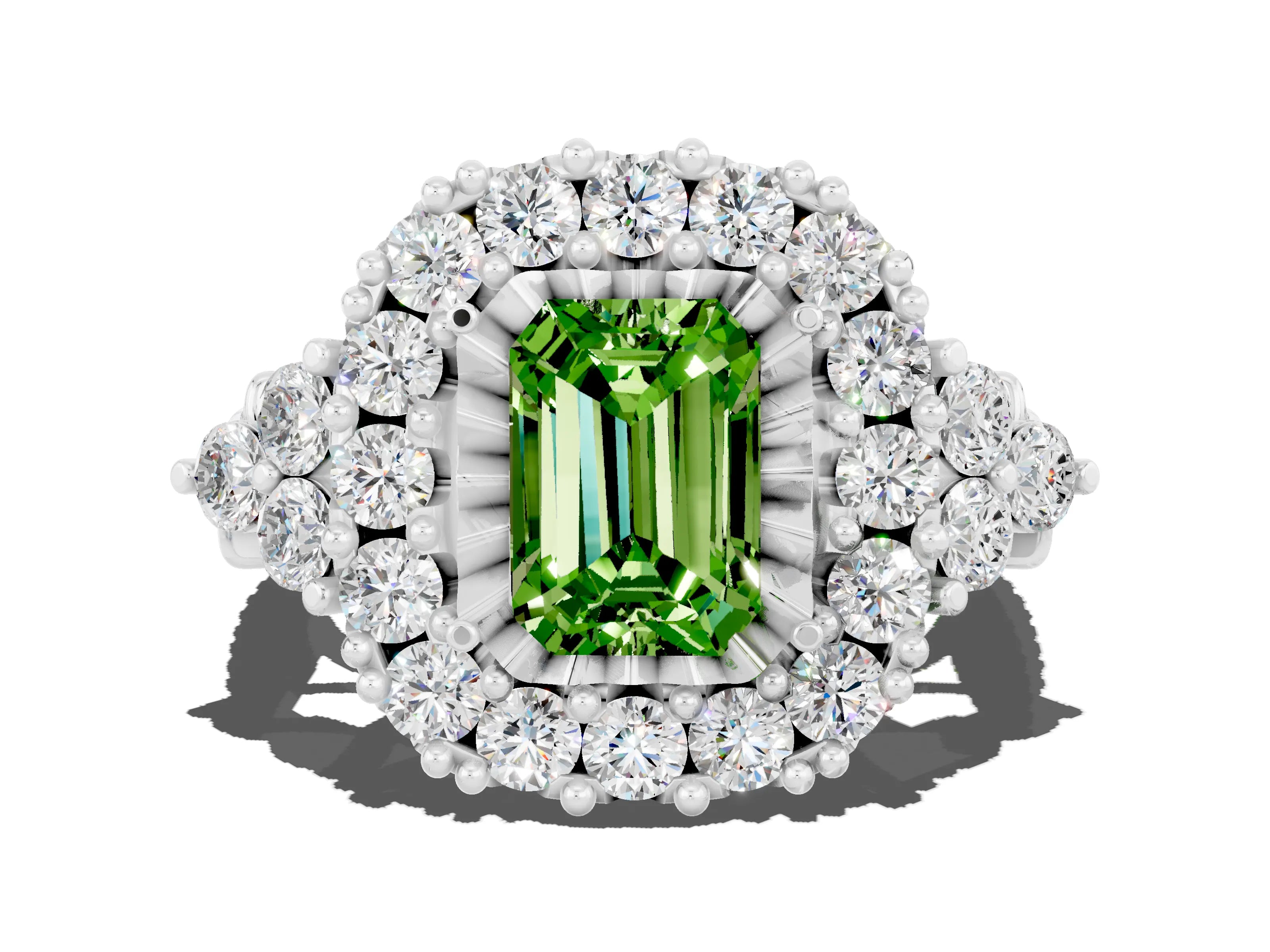 White gold Emerald Cut Peridot Halo Ring with Pavé Band and Four-Prong Setting_24