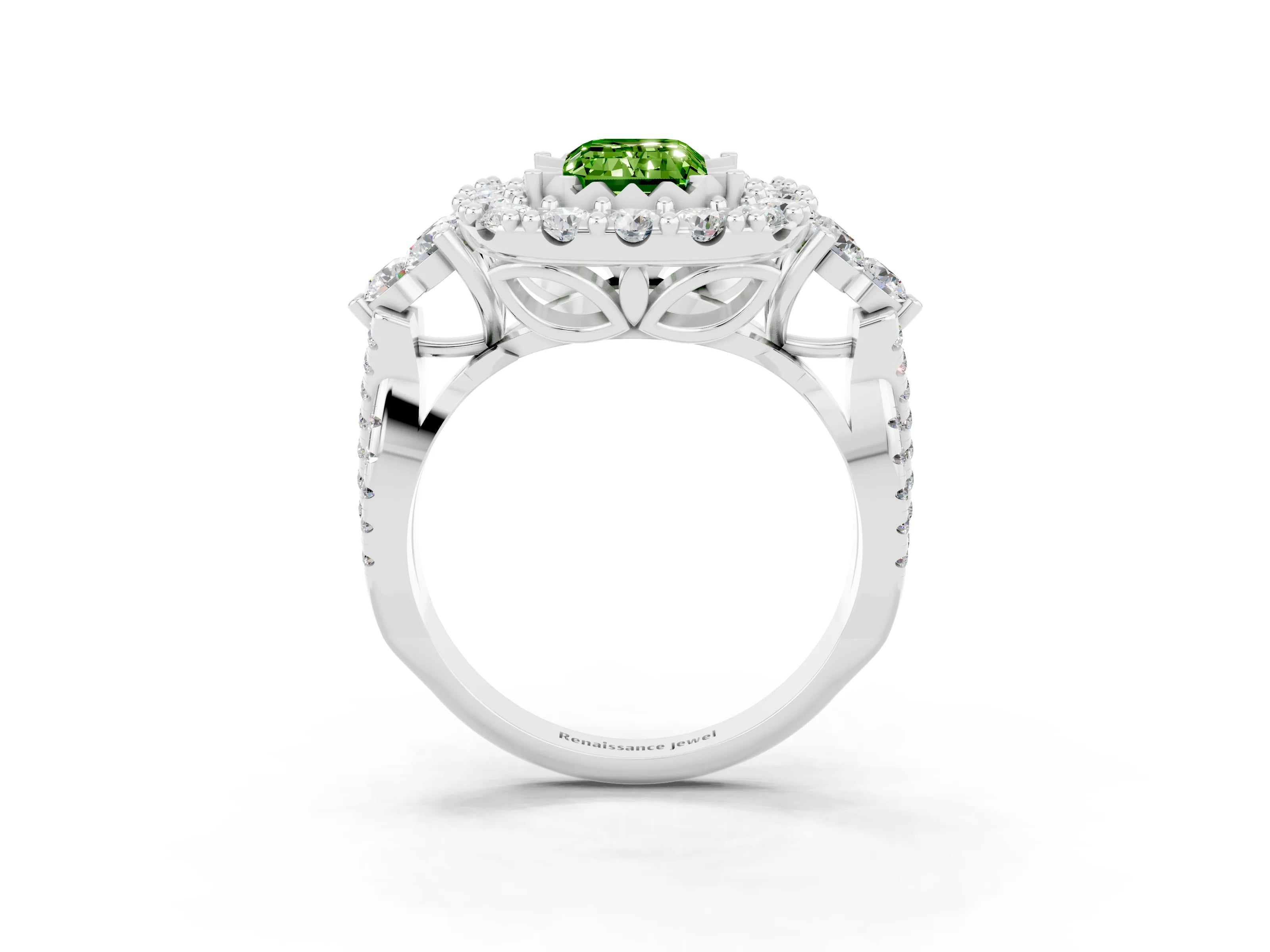 White gold Emerald Cut Peridot Halo Ring with Pavé Band and Four-Prong Setting_24