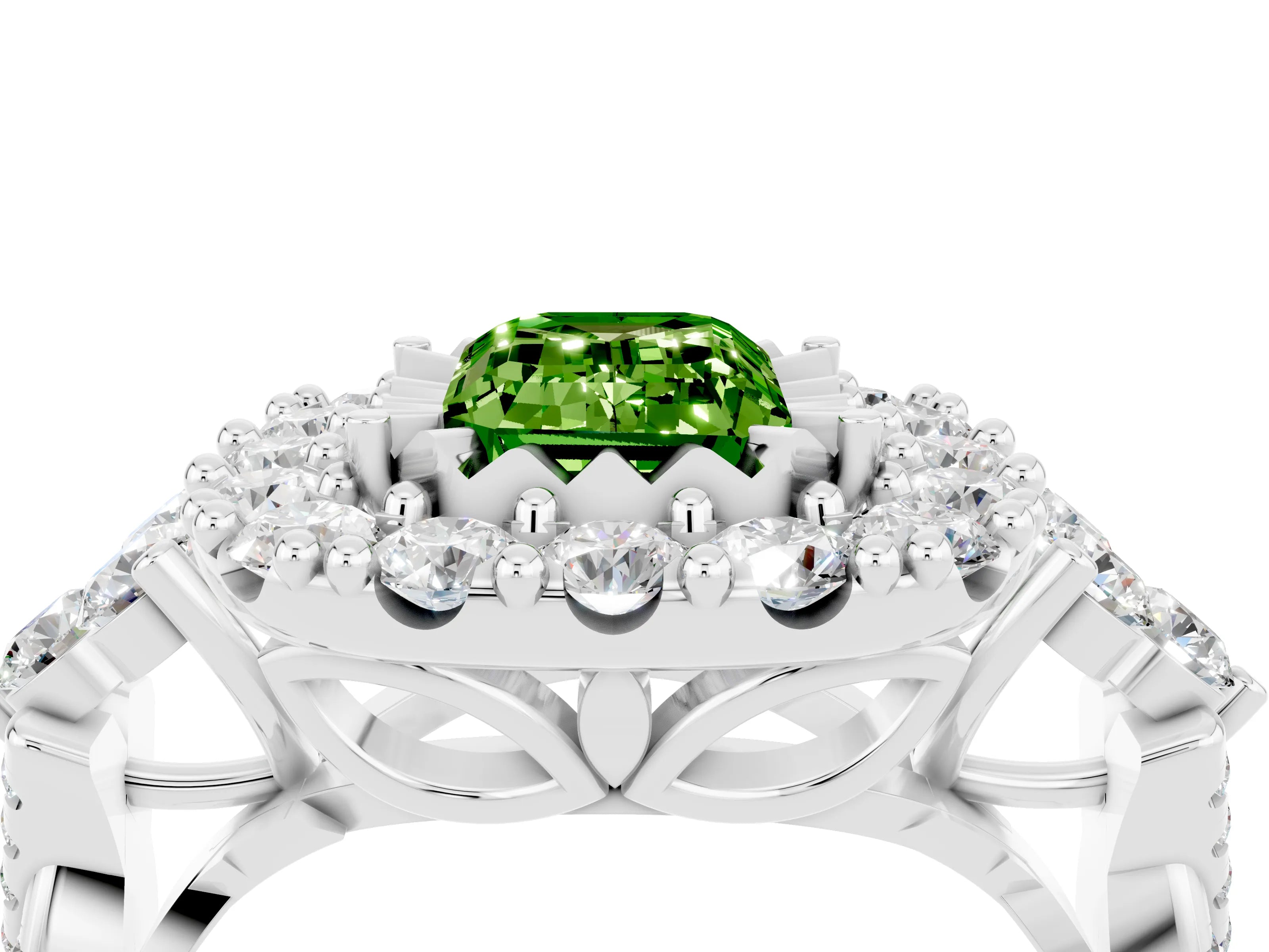 White gold Emerald Cut Peridot Halo Ring with Pavé Band and Four-Prong Setting_25