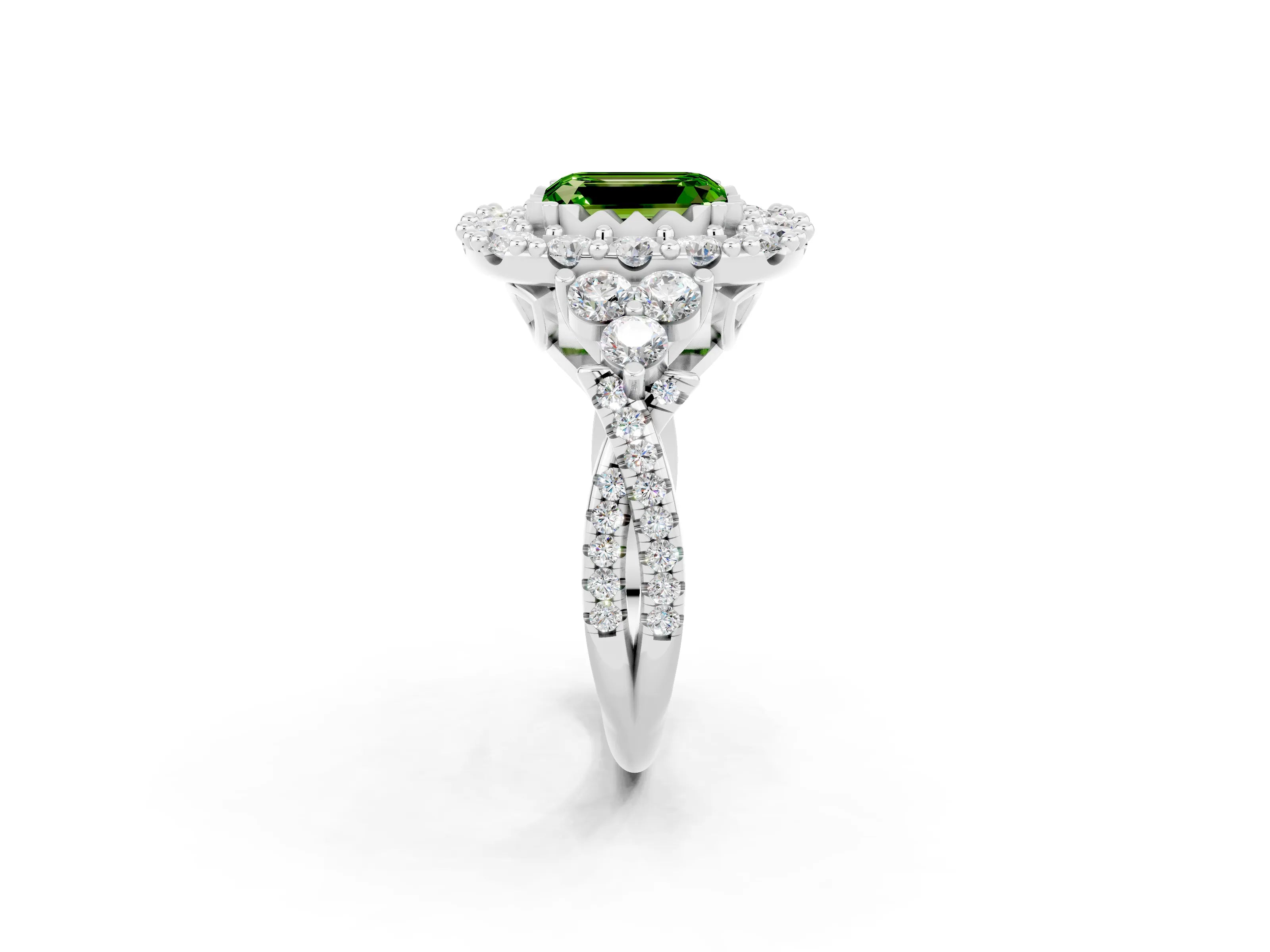 White gold Emerald Cut Peridot Halo Ring with Pavé Band and Four-Prong Setting_26