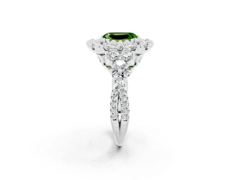 White gold Emerald Cut Peridot Halo Ring with Pavé Band and Four-Prong Setting_26
