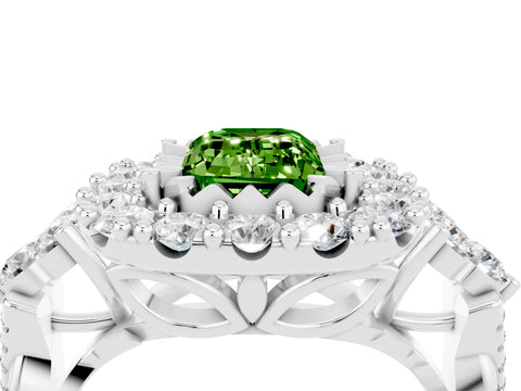 White gold Emerald Cut Peridot Halo Ring with Pavé Band and Four-Prong Setting_28