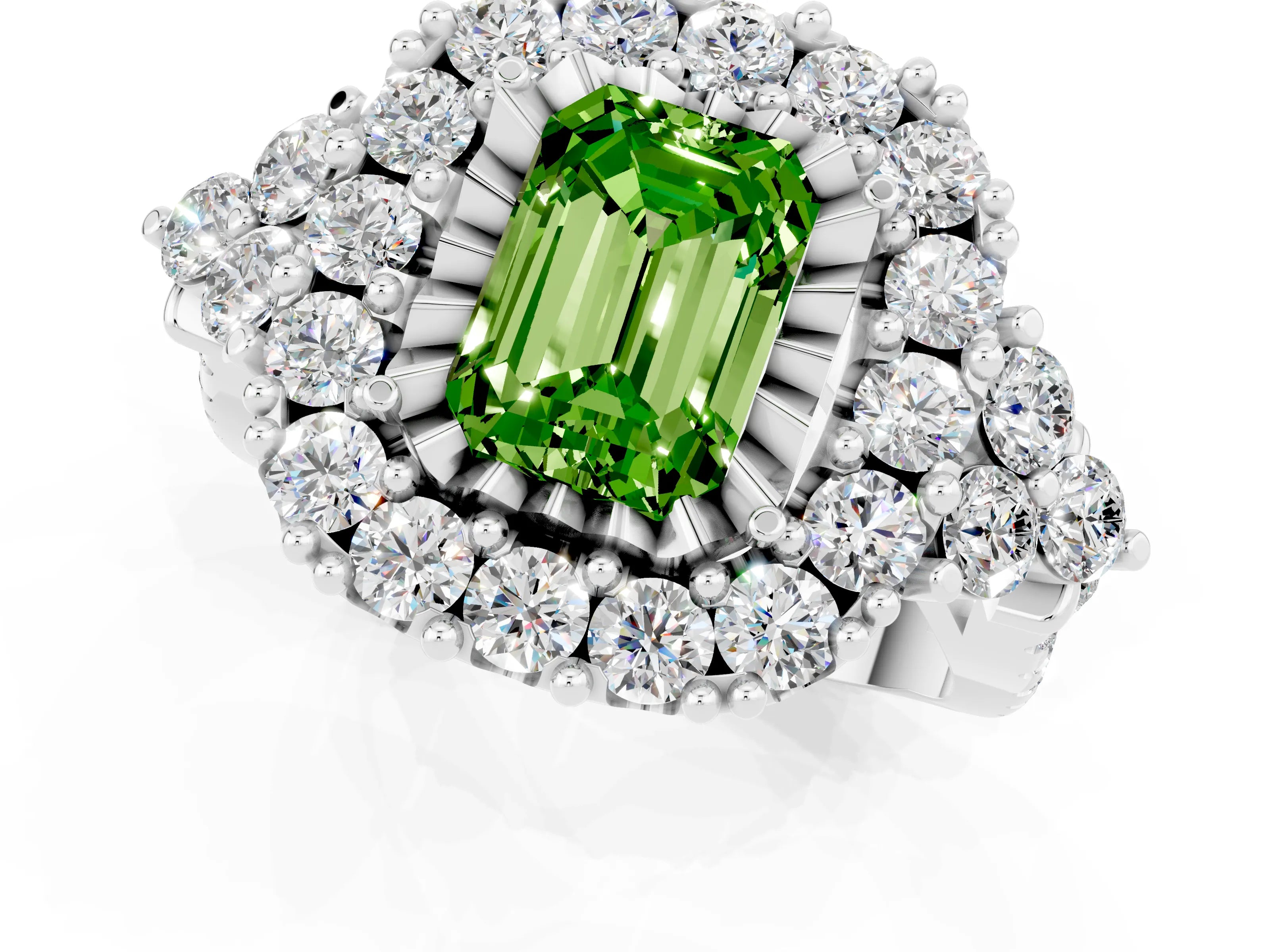 White gold Emerald Cut Peridot Halo Ring with Pavé Band and Four-Prong Setting_34