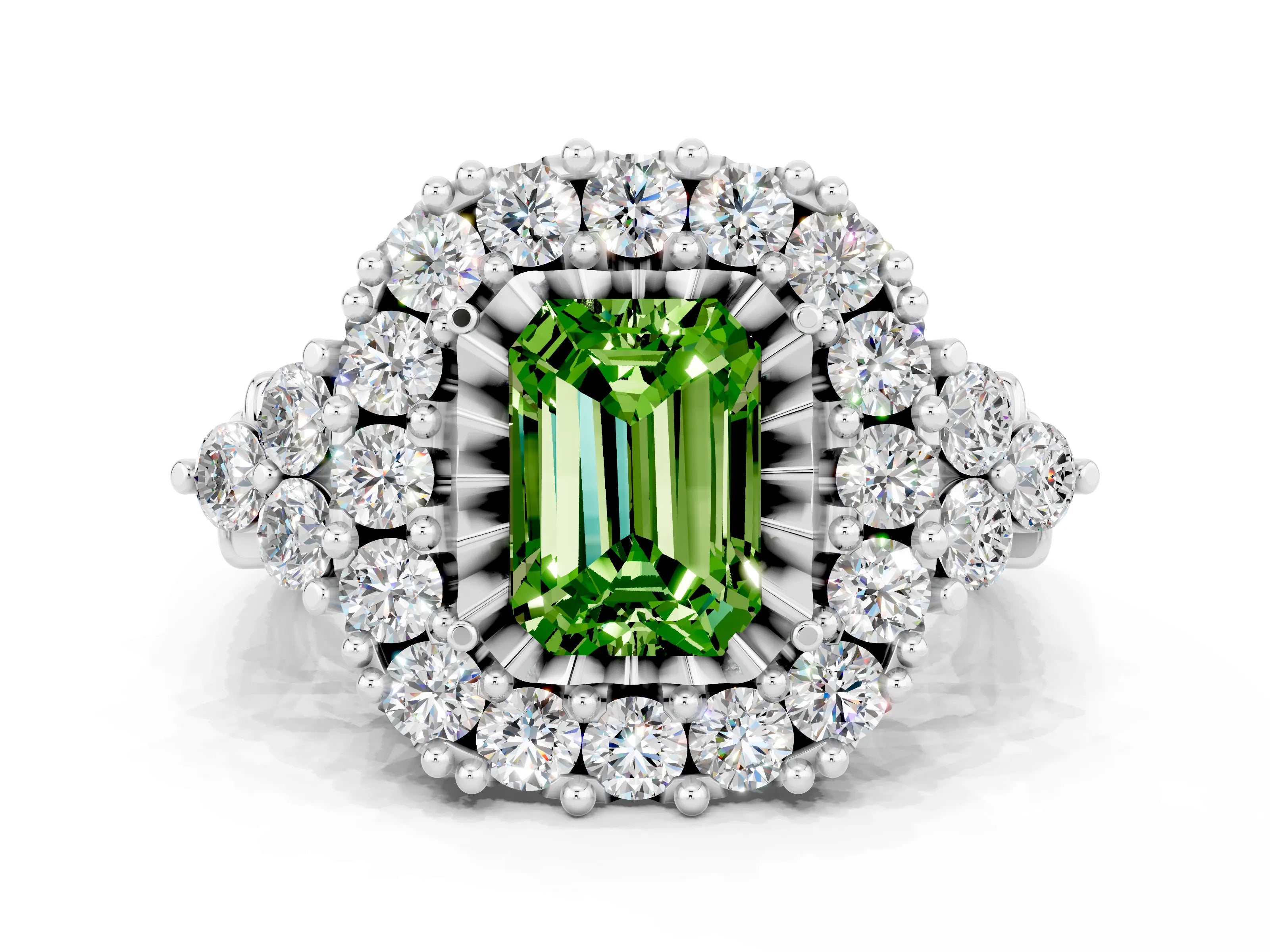 White gold Emerald Cut Peridot Halo Ring with Pavé Band and Four-Prong Setting_36