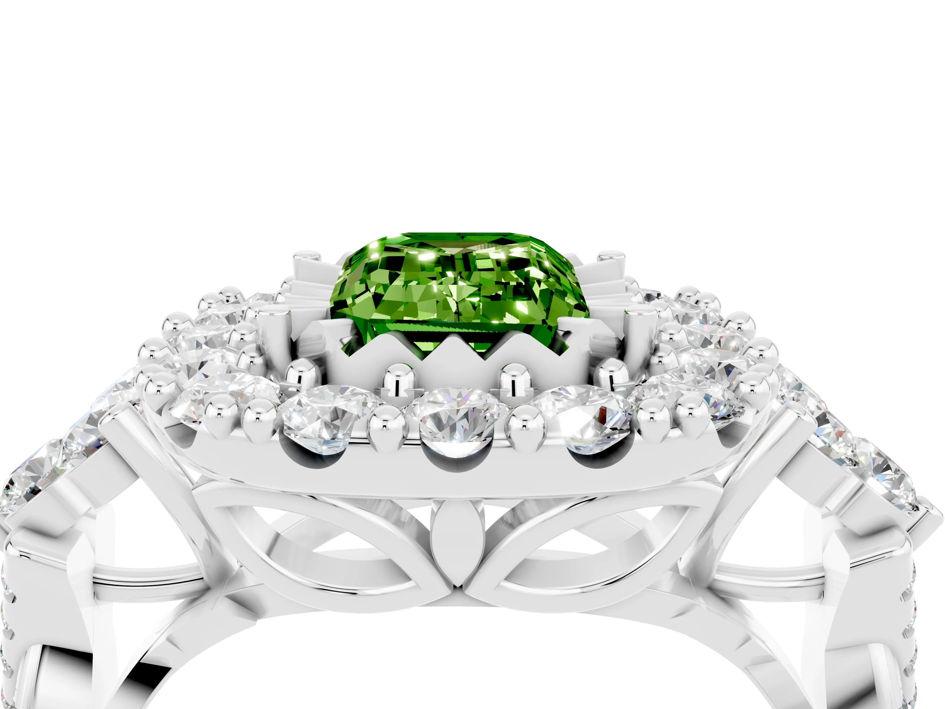 White gold Emerald Cut Peridot Halo Ring with Pavé Band and Four-Prong Setting_40