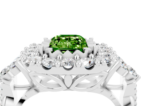 White gold Emerald Cut Peridot Halo Ring with Pavé Band and Four-Prong Setting_40