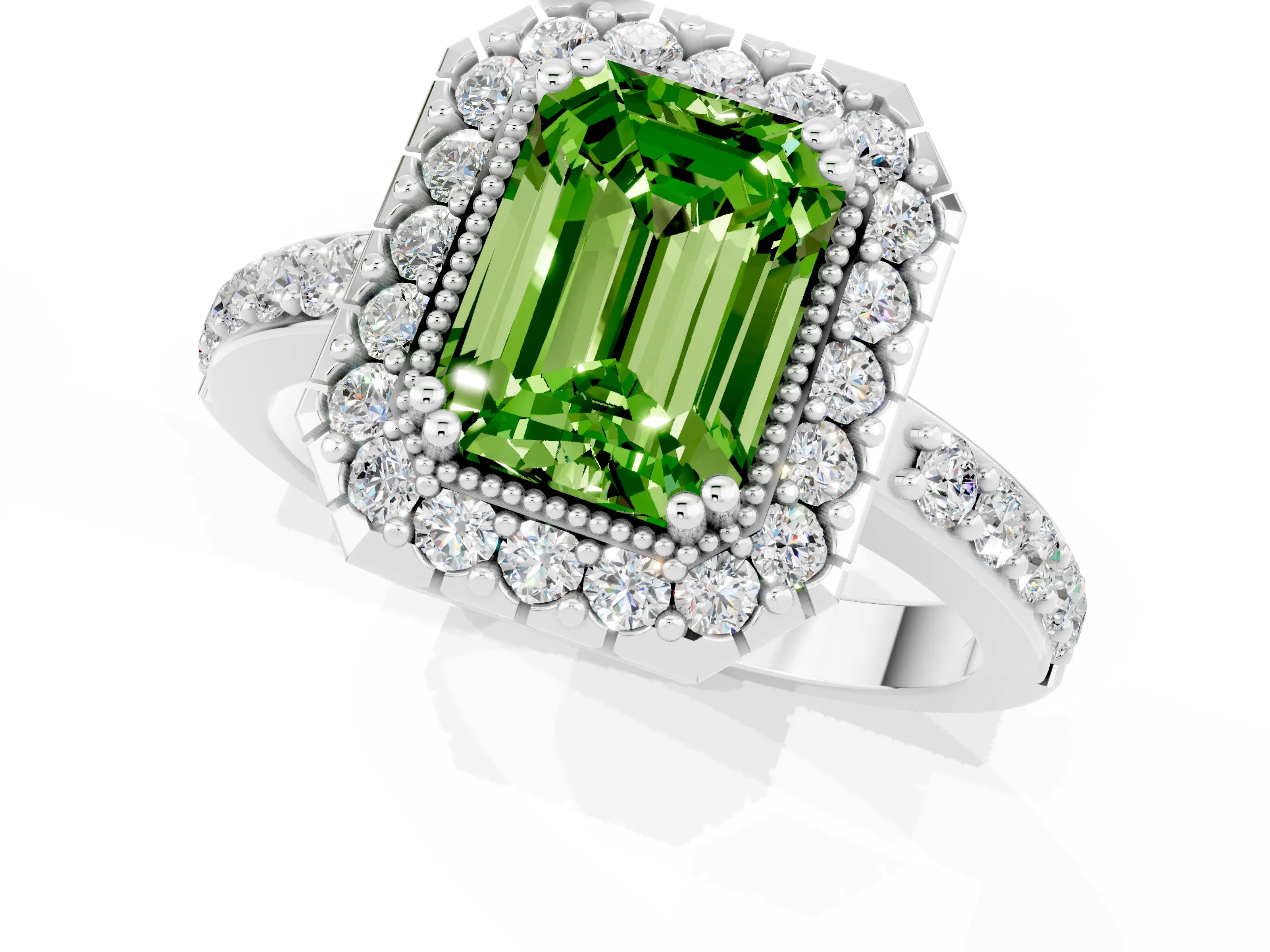 White gold Emerald Cut Peridot Halo Ring with Pavé Band and Prong Setting_1