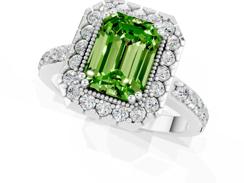 White gold Emerald Cut Peridot Halo Ring with Pavé Band and Prong Setting_1