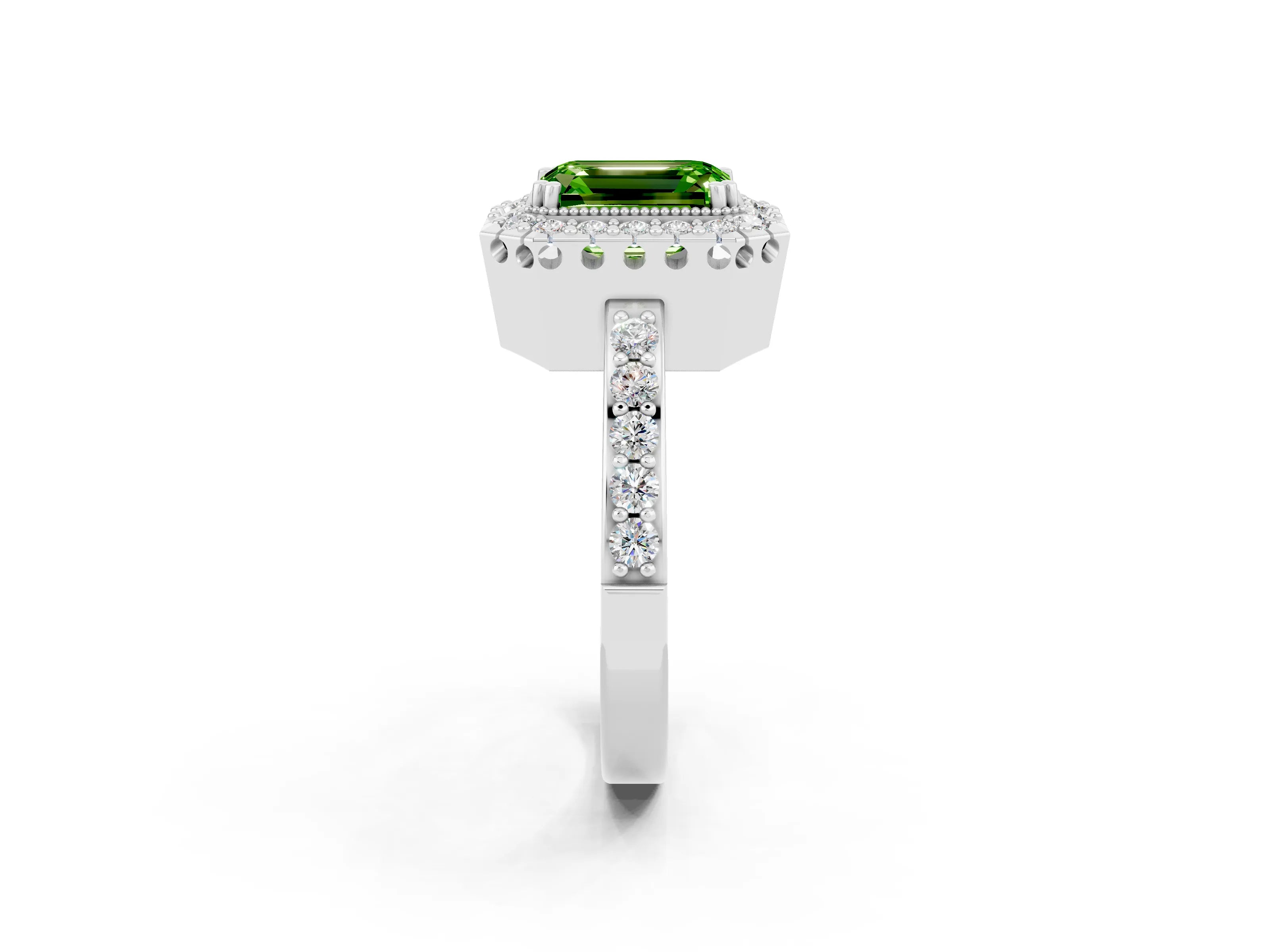 White gold Emerald Cut Peridot Halo Ring with Pavé Band and Prong Setting_2