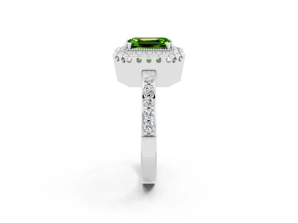 Silver Emerald Cut Peridot Halo Ring with Pavé Band and Prong Setting