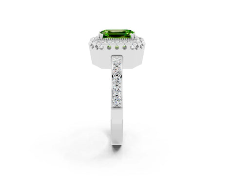 White gold Emerald Cut Peridot Halo Ring with Pavé Band and Prong Setting_2
