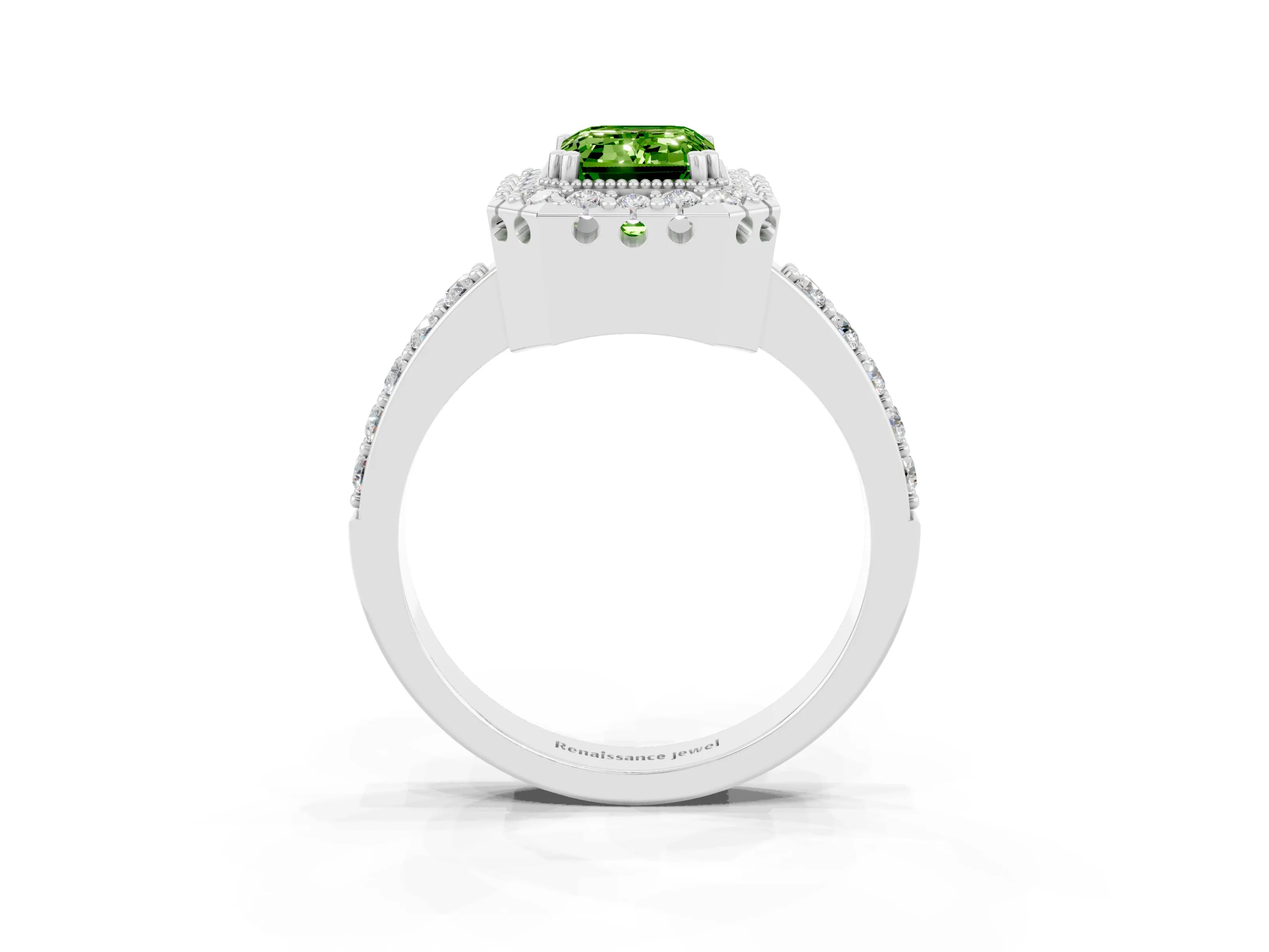 White gold Emerald Cut Peridot Halo Ring with Pavé Band and Prong Setting_3