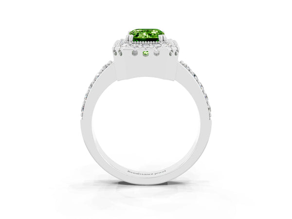 Silver Emerald Cut Peridot Halo Ring with Pavé Band and Prong Setting