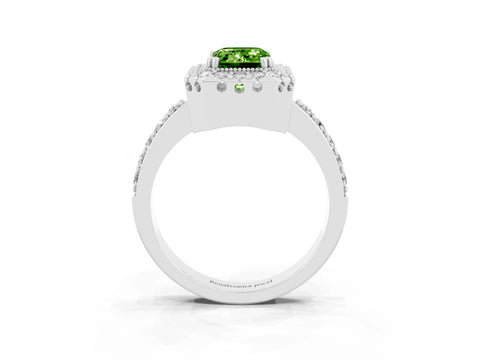 White gold Emerald Cut Peridot Halo Ring with Pavé Band and Prong Setting_3
