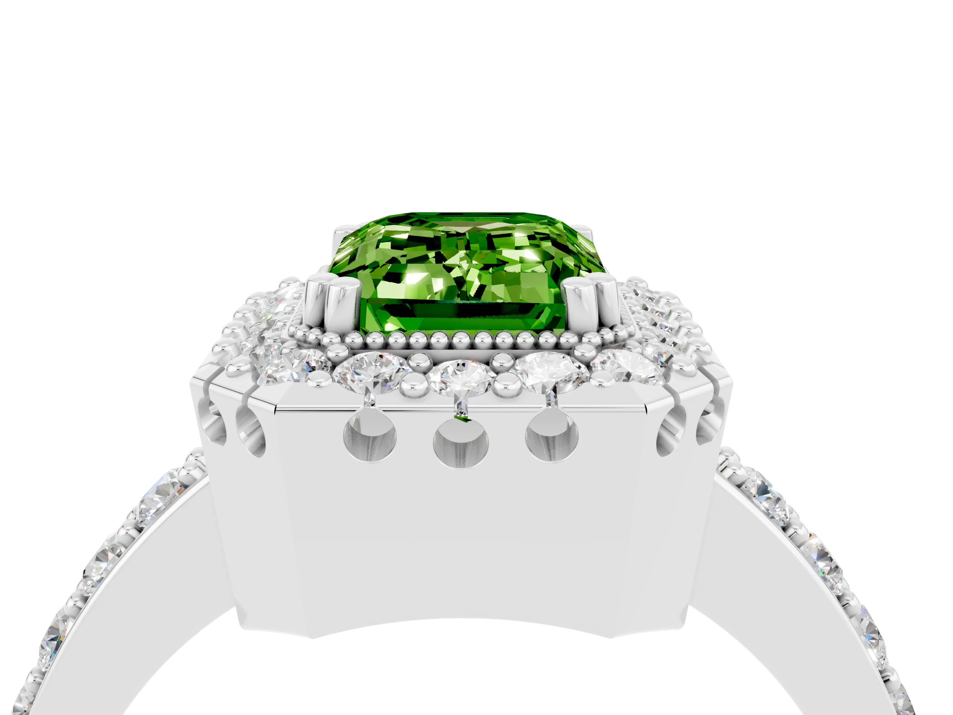 White gold Emerald Cut Peridot Halo Ring with Pavé Band and Prong Setting_4