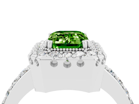 White gold Emerald Cut Peridot Halo Ring with Pavé Band and Prong Setting_4