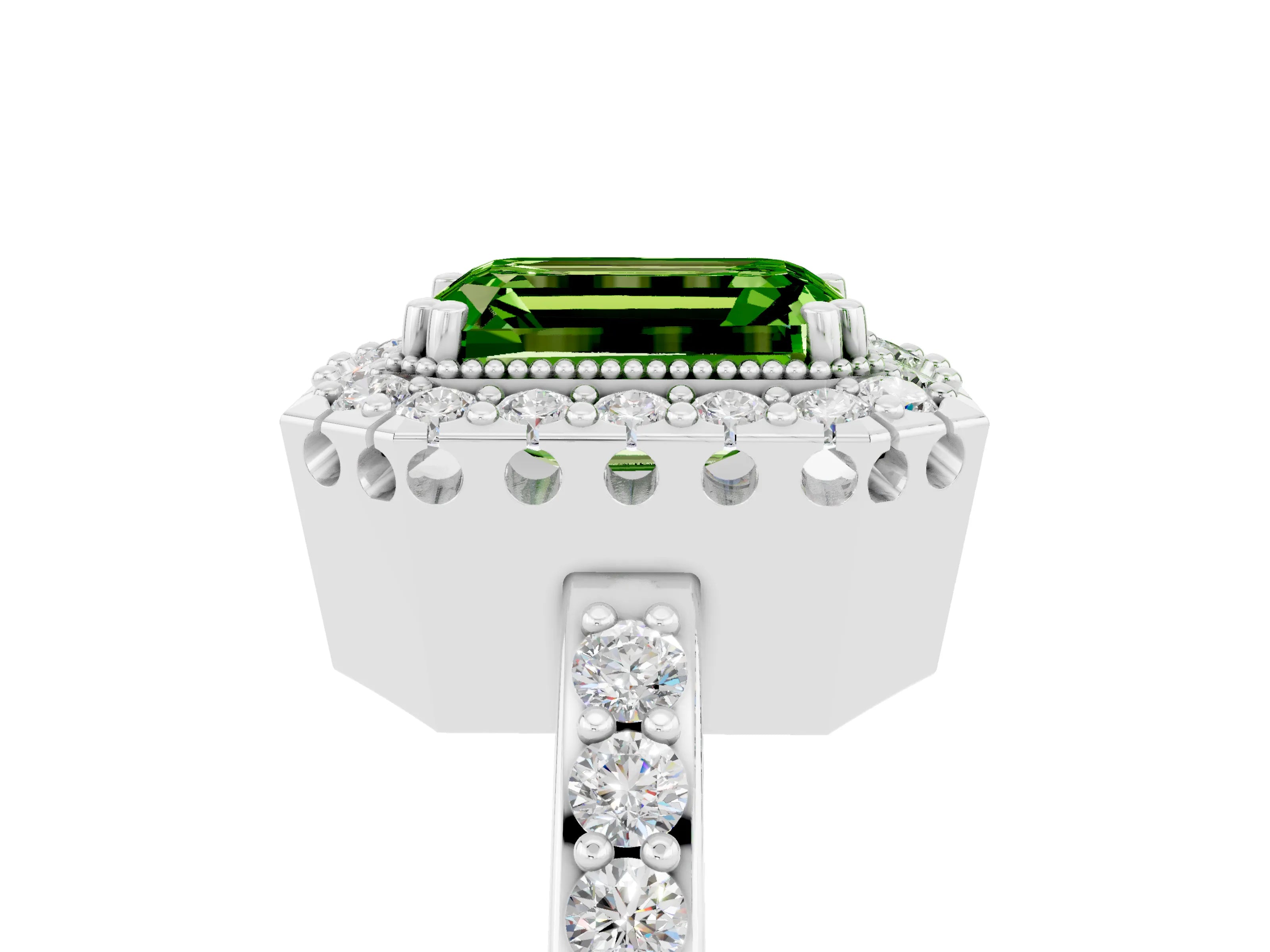 White gold Emerald Cut Peridot Halo Ring with Pavé Band and Prong Setting_5