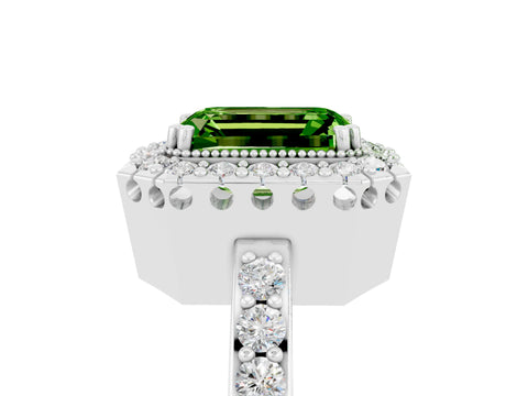 White gold Emerald Cut Peridot Halo Ring with Pavé Band and Prong Setting_5