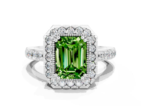 White gold Emerald Cut Peridot Halo Ring with Pavé Band and Prong Setting