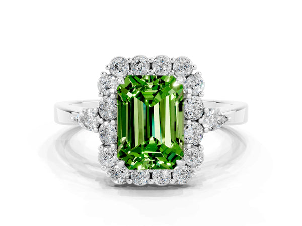 Platinum Emerald Cut Peridot Halo Ring with Pear Side Stones and Prong Setting