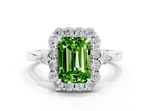 White gold Emerald Cut Peridot Halo Ring with Pear Side Stones and Prong Setting_24