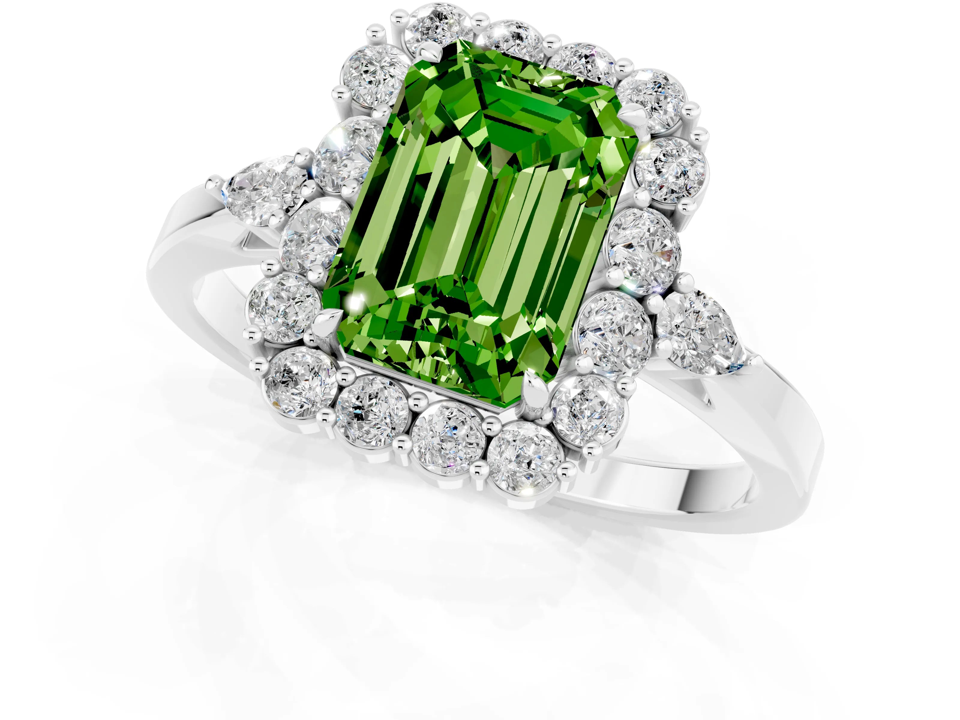 White gold Emerald Cut Peridot Halo Ring with Pear Side Stones and Prong Setting_25