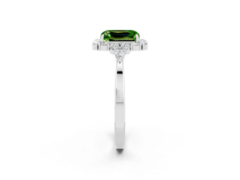 White gold Emerald Cut Peridot Halo Ring with Pear Side Stones and Prong Setting_26