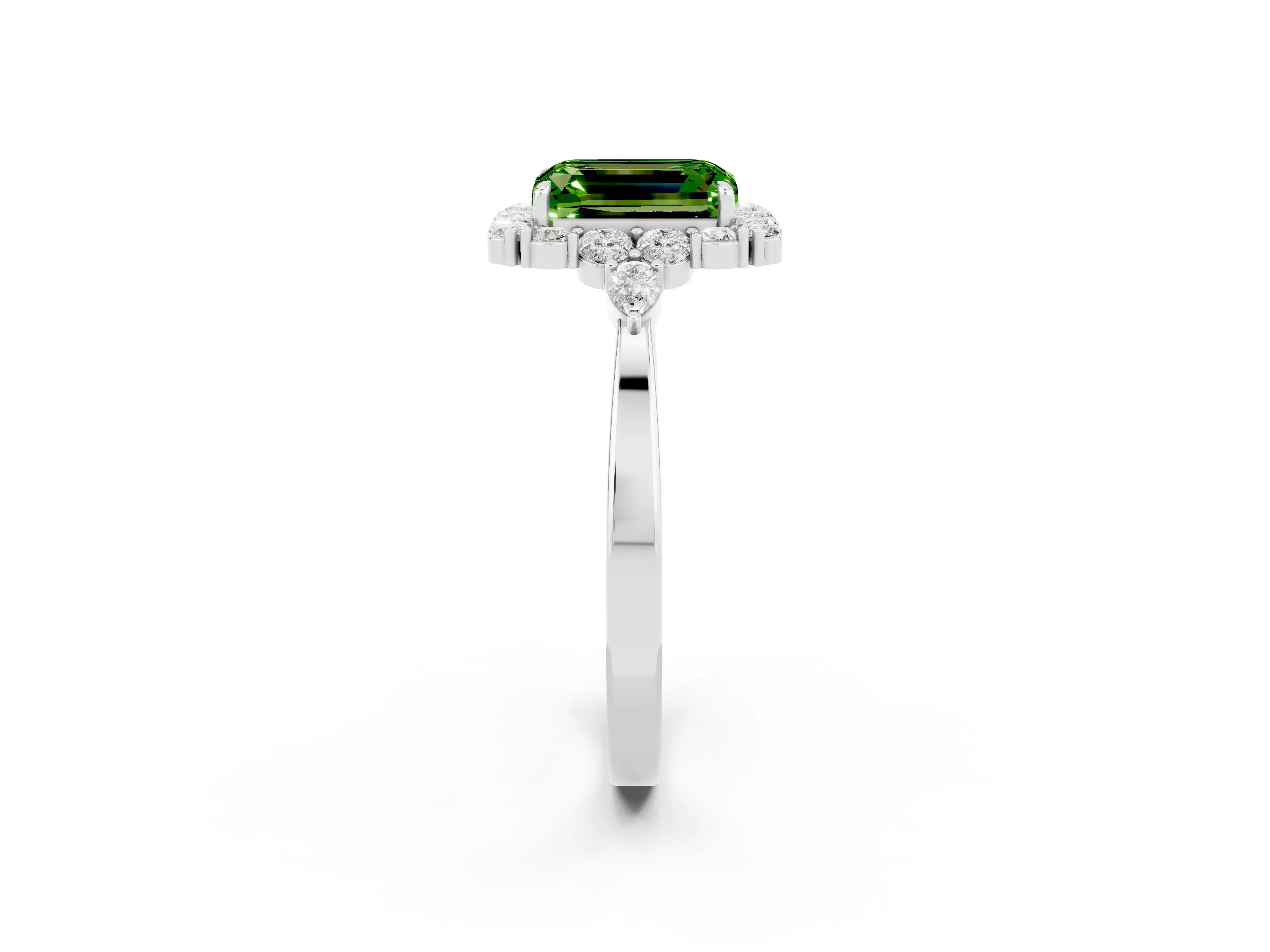 White gold Emerald Cut Peridot Halo Ring with Pear Side Stones and Prong Setting_26