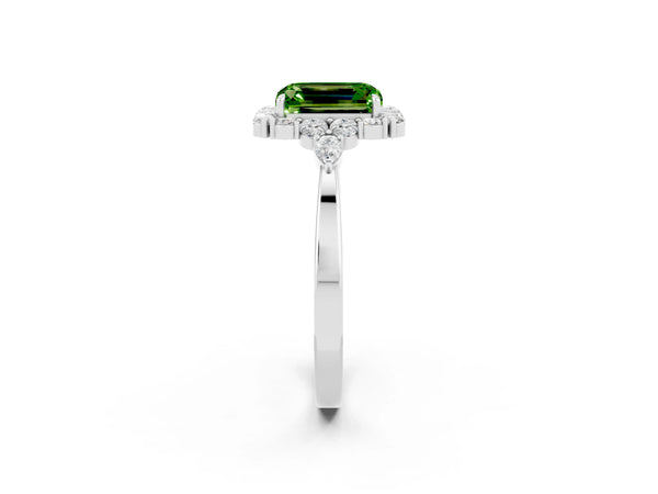 White gold Emerald Cut Peridot Halo Ring with Pear Side Stones and Prong Setting