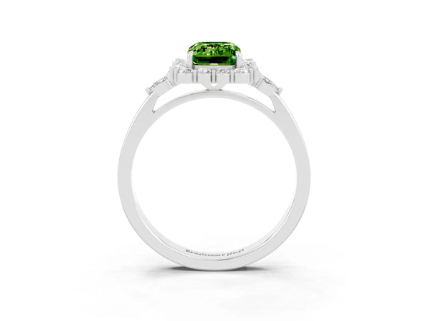 Platinum Emerald Cut Peridot Halo Ring with Pear Side Stones and Prong Setting