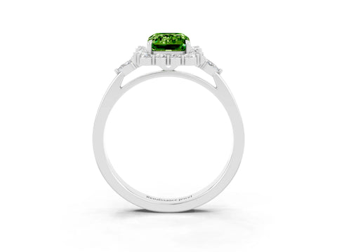 White gold Emerald Cut Peridot Halo Ring with Pear Side Stones and Prong Setting_27