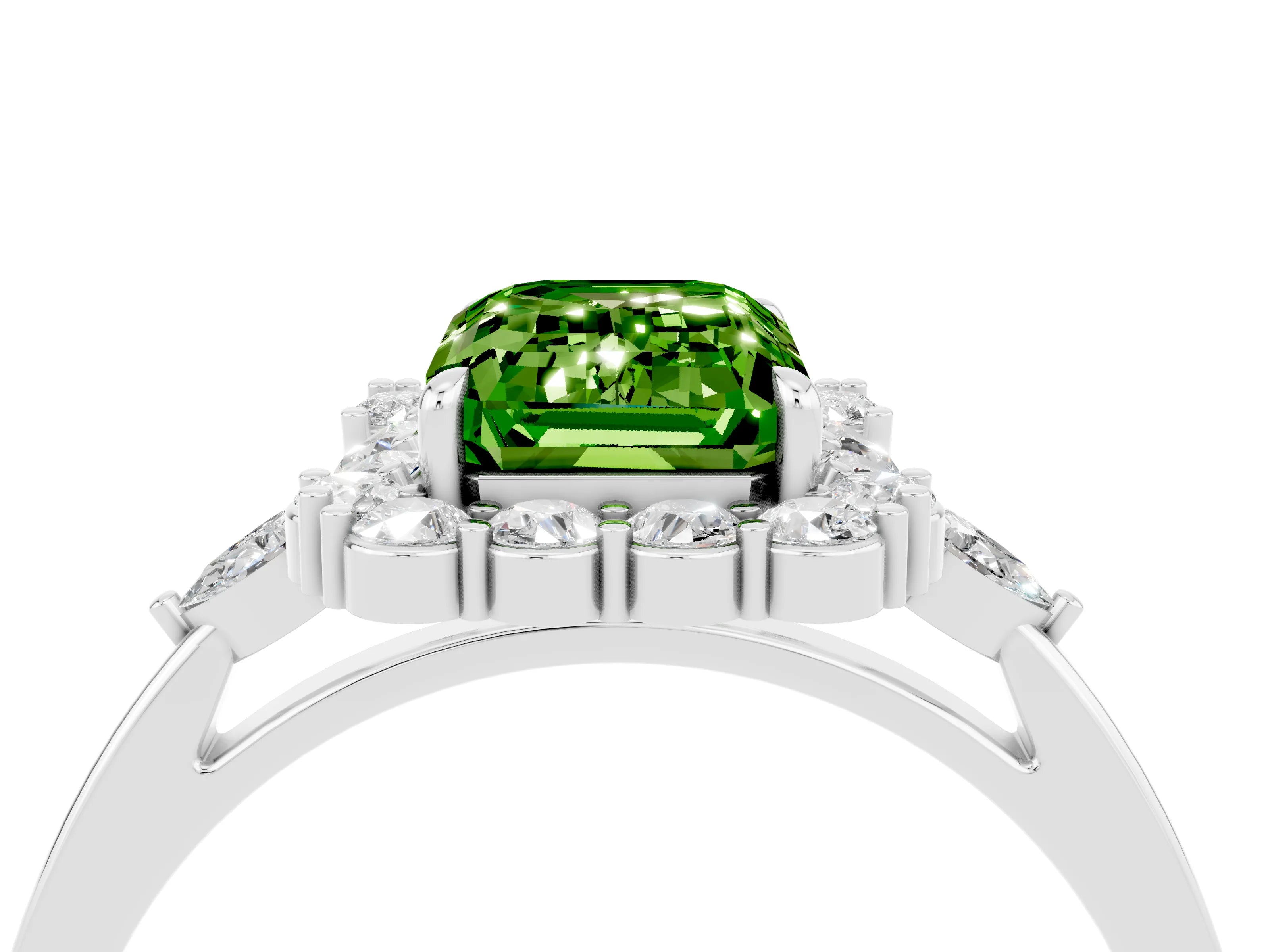 White gold Emerald Cut Peridot Halo Ring with Pear Side Stones and Prong Setting_28